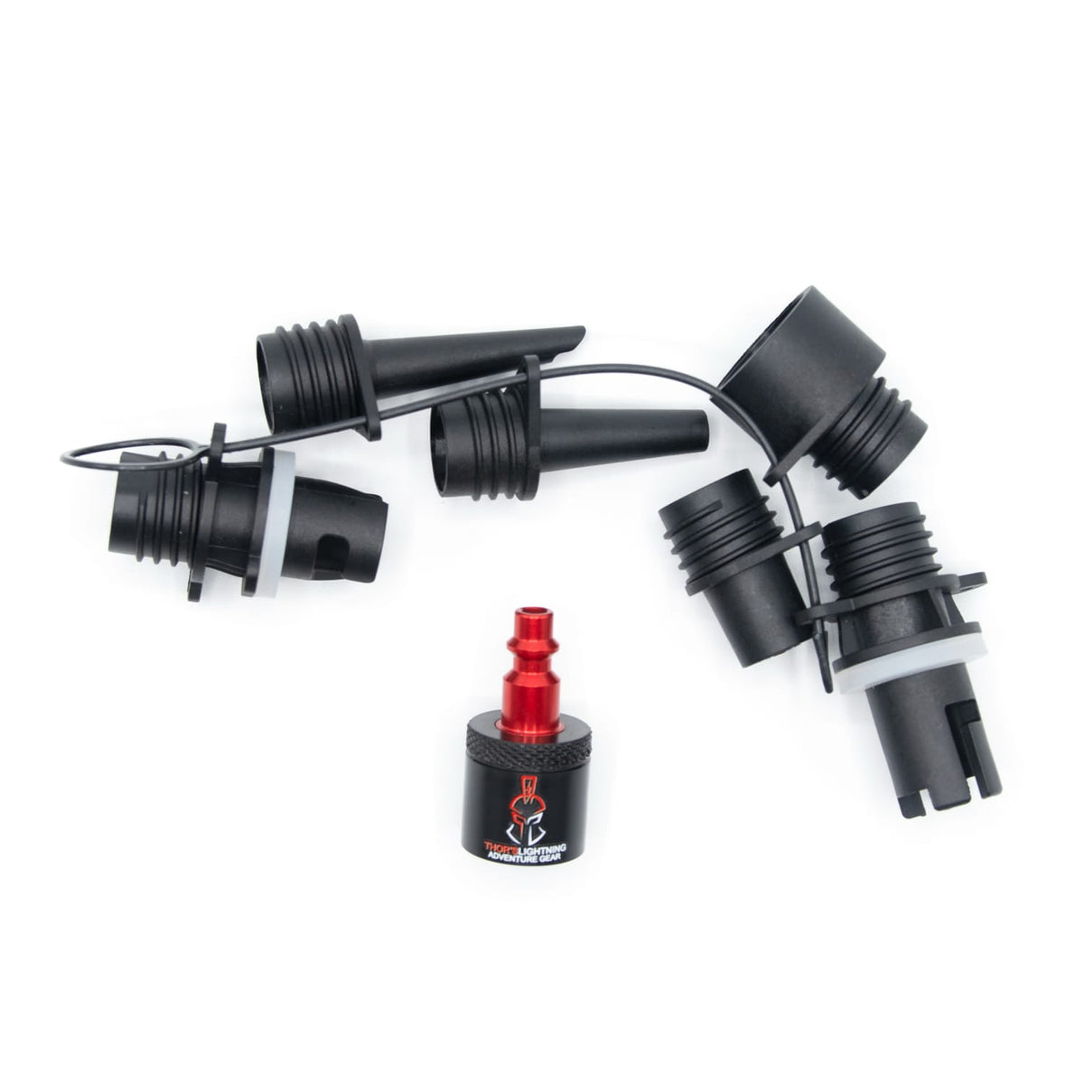 Close-up product photo of the Marine Inflatable Adapter's red-tipped I/M hose fitting on white background