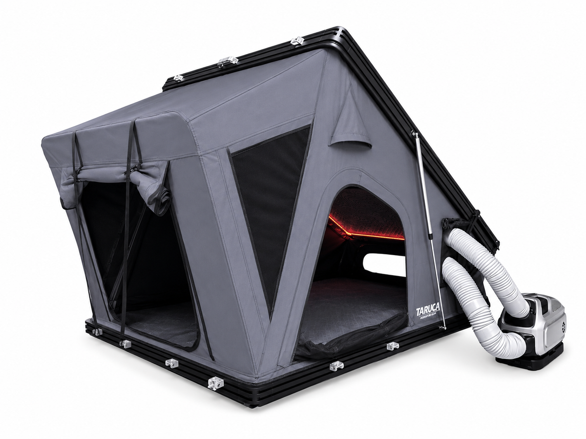 Taruca Dark Rogue rooftop tent open with a white flexible duct connecting to a portable unit at the side port