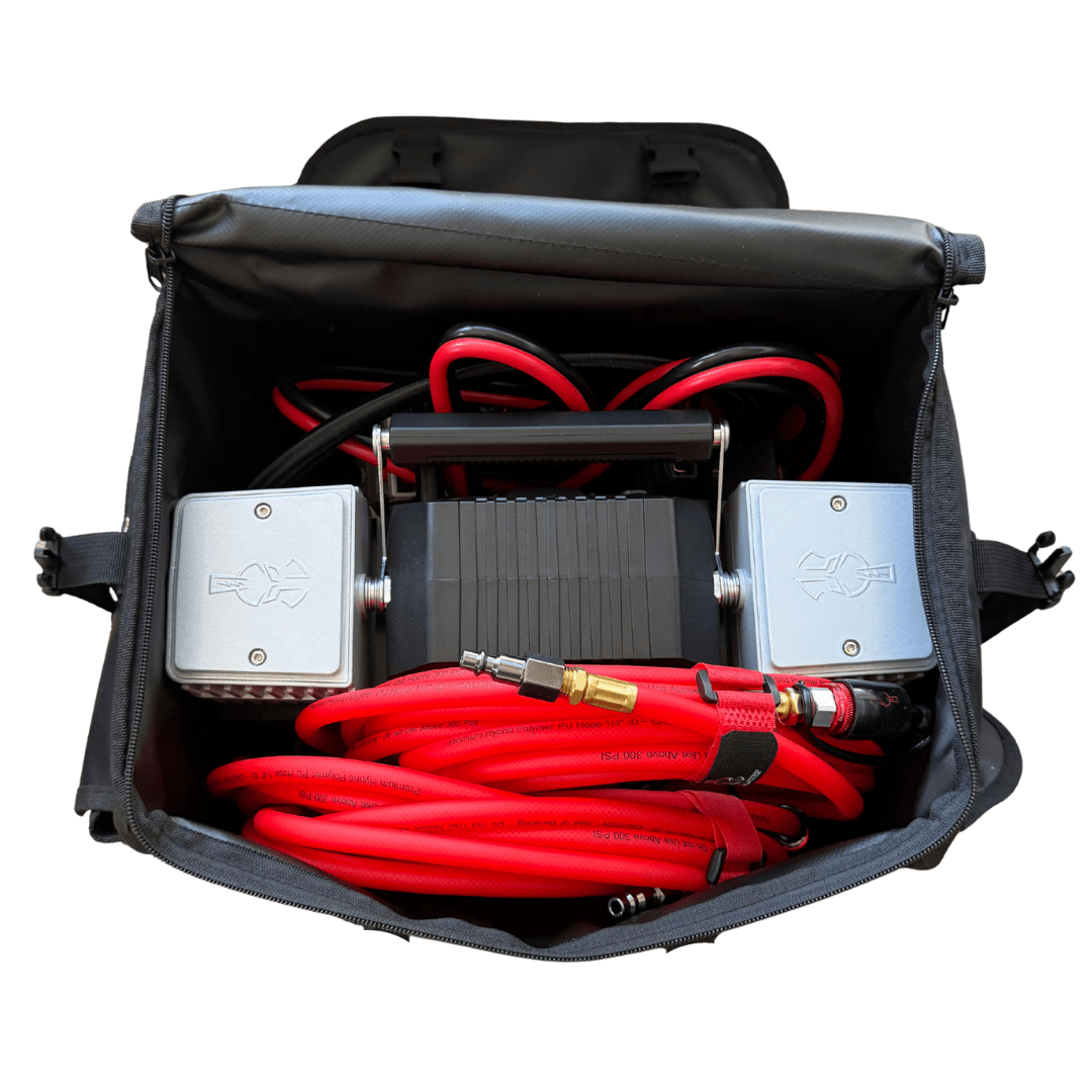 Thor's Lightning Air System storage bag – bag open with compressor and red hose