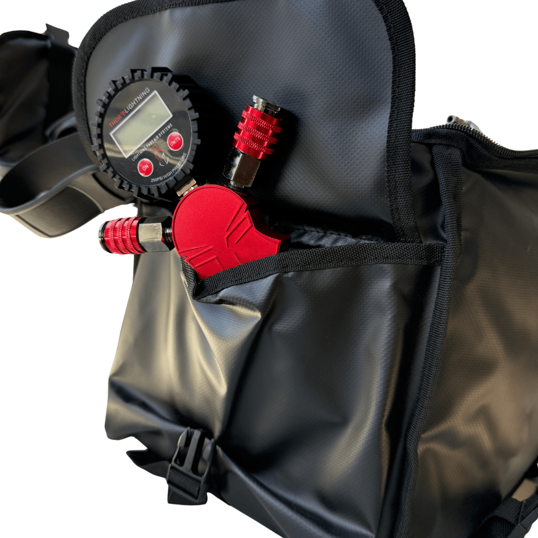 Thor's Lightning Air System storage bag – tire gauge and tools in the front pocket