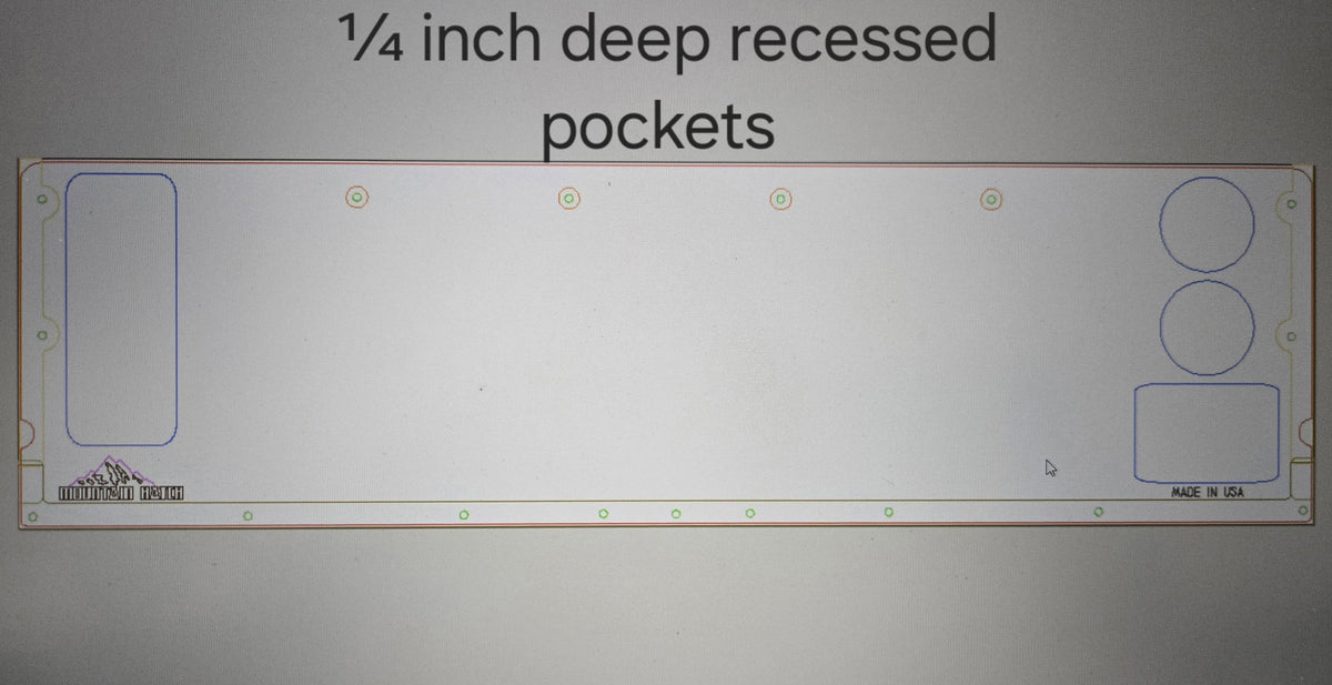Diagram of the recessed-pocket Mountain Hatch Tacoma panel with 1/4-inch-deep pockets and drink holders marked