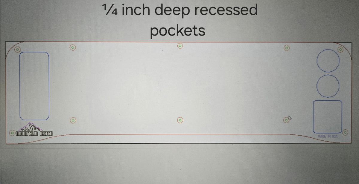 Diagram of the recessed-pocket Mountain Hatch panel for the 100 Series Land Cruiser with 1/4-inch-deep pockets and drink holders marked