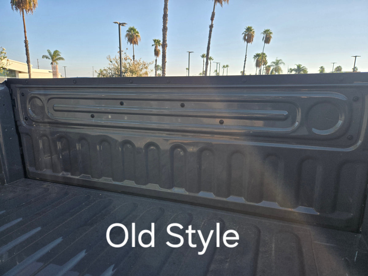Old Style 2019+ Ram 1500 tailgate inner panel with a long horizontal rib across the top, for matching the correct Mountain Hatch cut