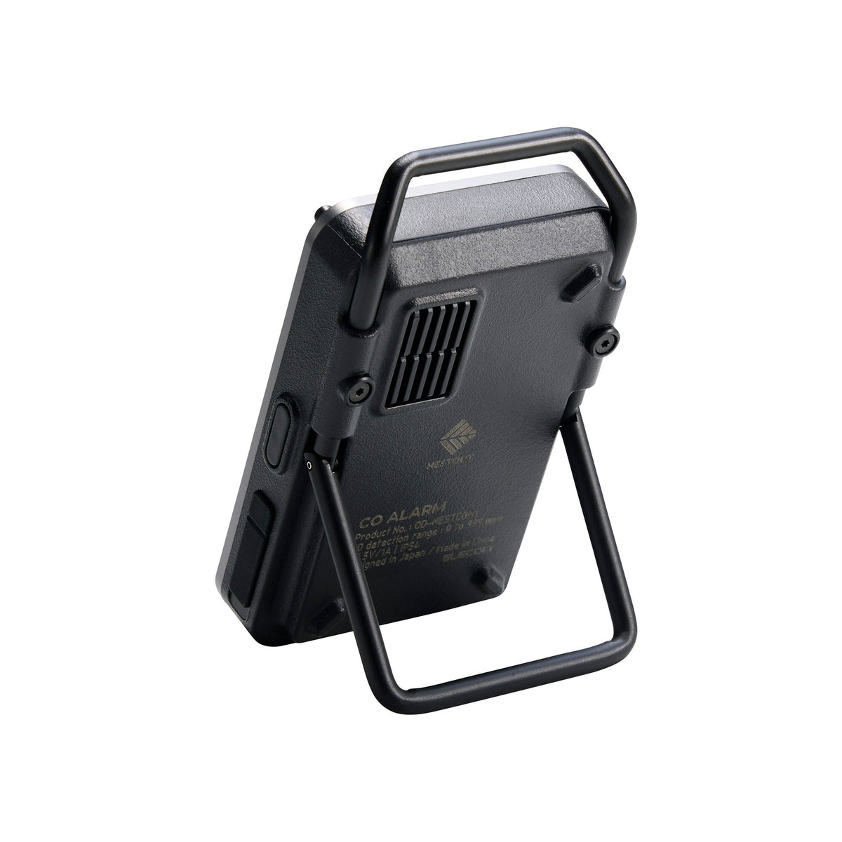 Back of the NESTOUT CO Alarm on its kickstand, showing the CO Alarm product label with detection range and IP rating
