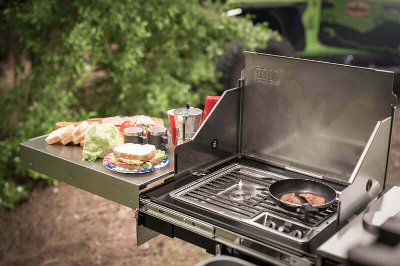 ARB Slide Kitchen Drawer extended on roller slides clear of vehicle