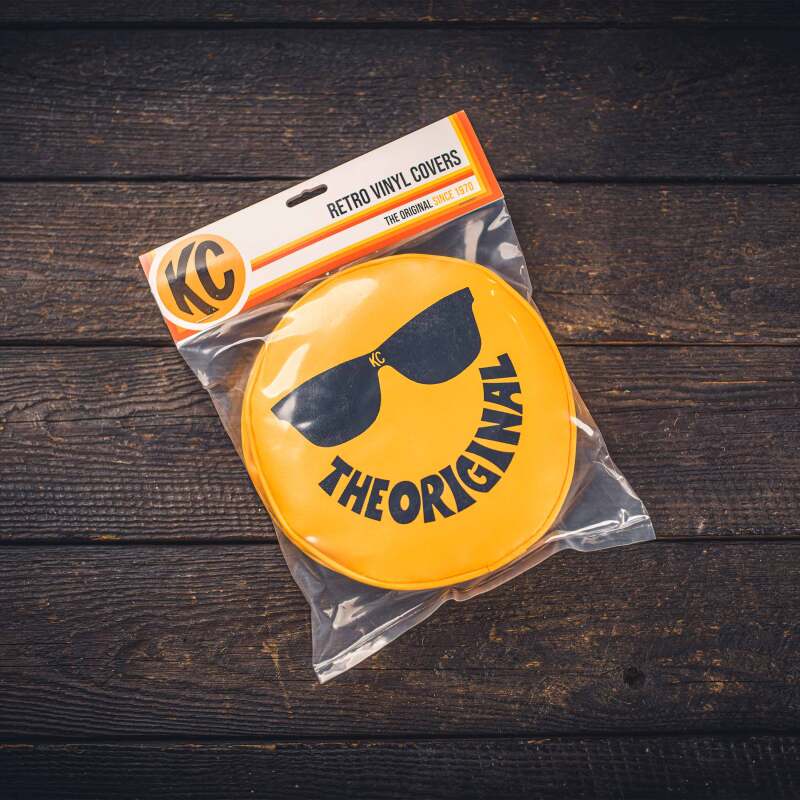 KC HiLiTES Retro 8in Round Yellow Vinyl Light Cover with Black KC Logo (Pair)
