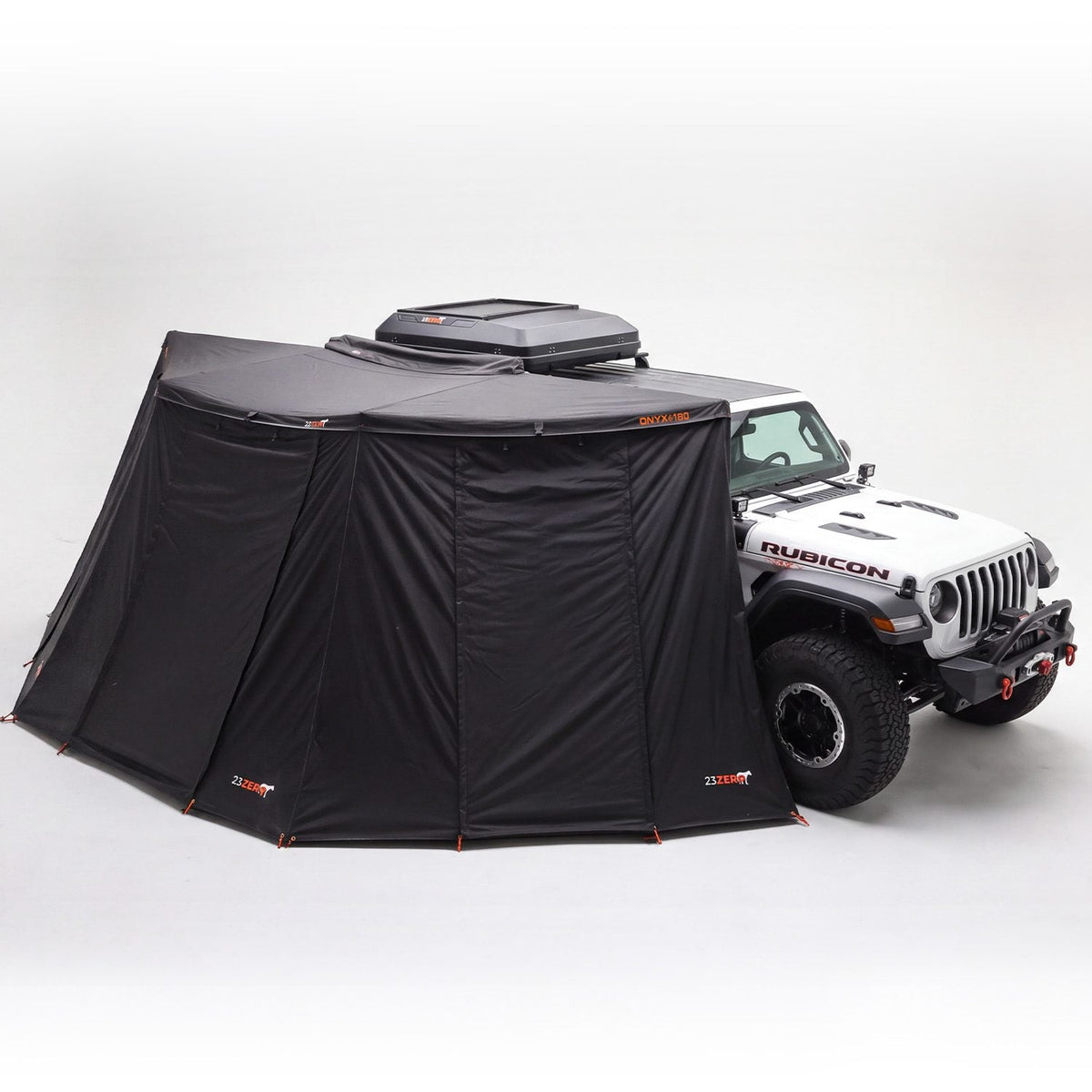 23ZERO Onyx 180 Wall Kit fully enclosed around the Onyx 180 Awning on a Jeep Gladiator Rubicon, studio product shot
