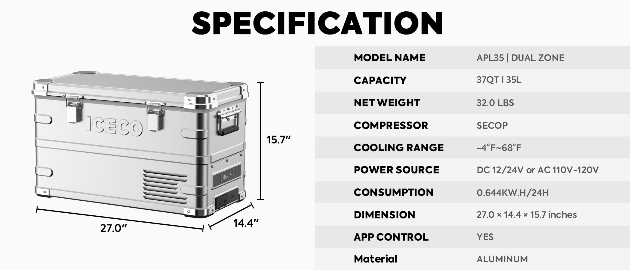 APL35 Dual Zone Aluminum Fridge refrigerator| ICECO | 35 LT APL Series ICECO- Overland Kitted