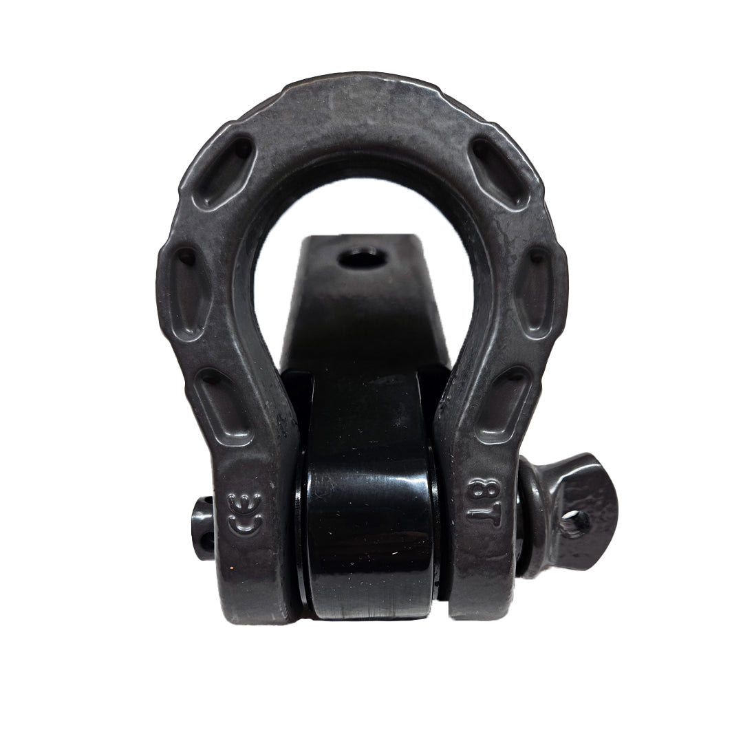 Close view of the black D-ring shackle and pin