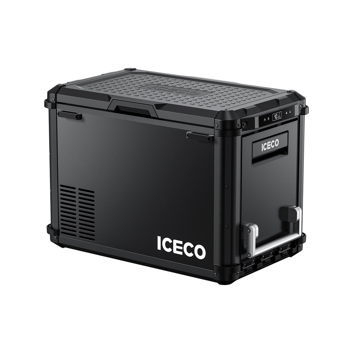 ICECO VL45Plus portable freezer in black, front three-quarter view with the lid closed and a side access handle