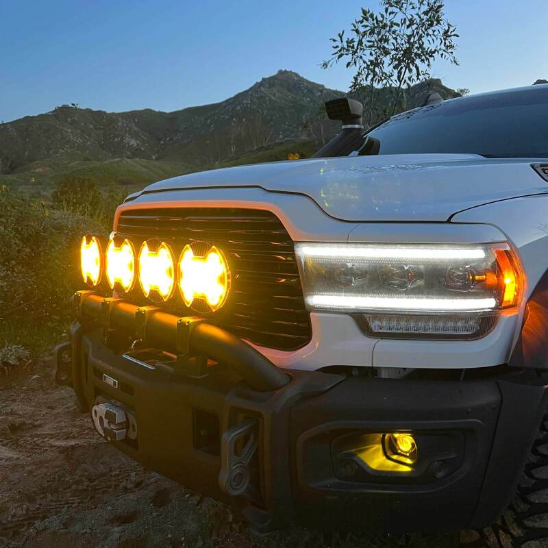 KC HiLiTES SlimLite 8in LED Light Shield SAE Driving - Selective Yellow (Shield Only), shown with included parts