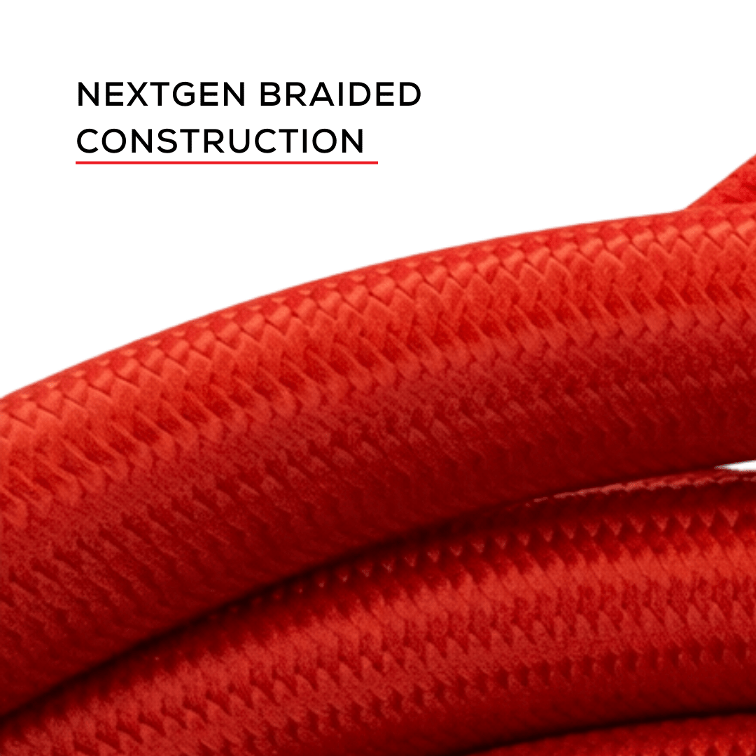 Close-up of a coiled red StrikeShield braided hose with Thor's Lightning quick-connect fitting and logo patch