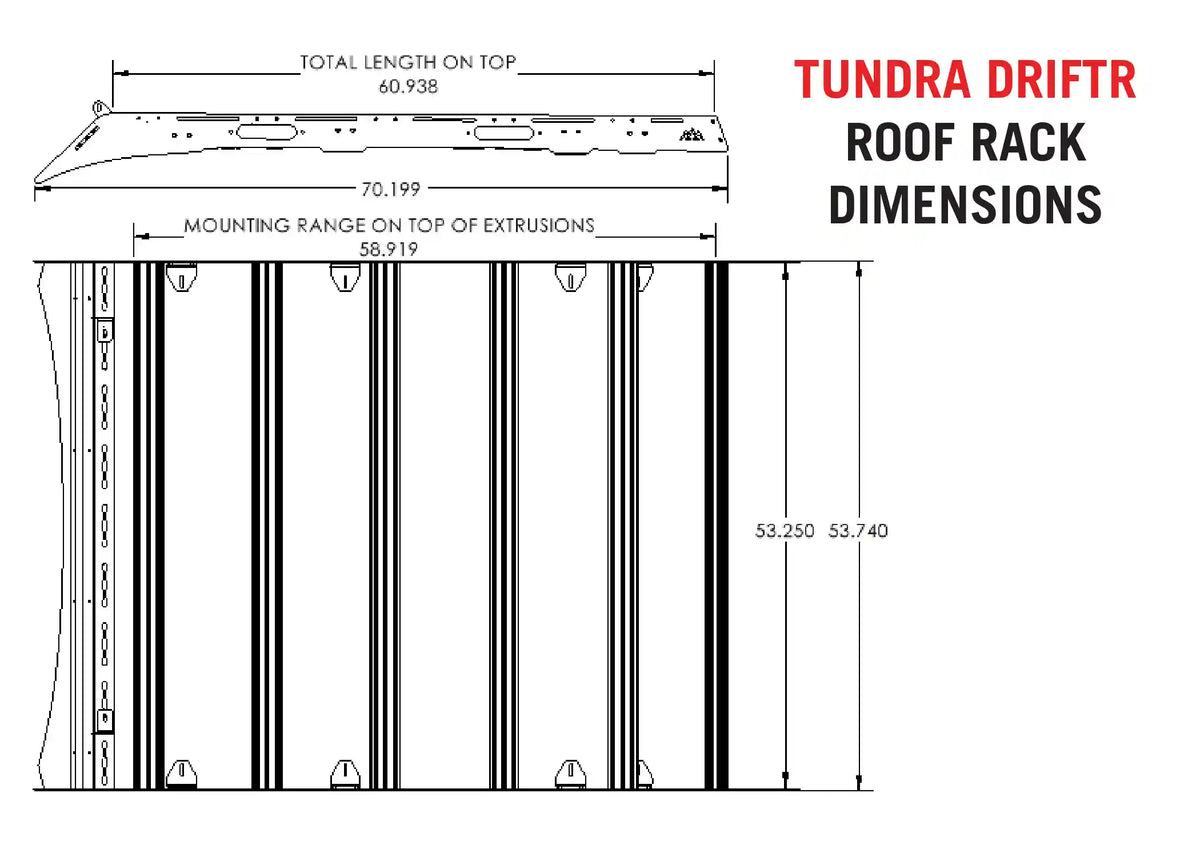 DRIFTR Toyota Tundra roof rack dimension diagram showing rack length, width, and mounting range