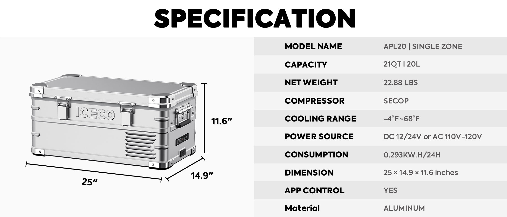 APL20 Light Duty Aluminum Freezer Single Zone | ICECO | 20 LT APL Series ICECO- Overland Kitted