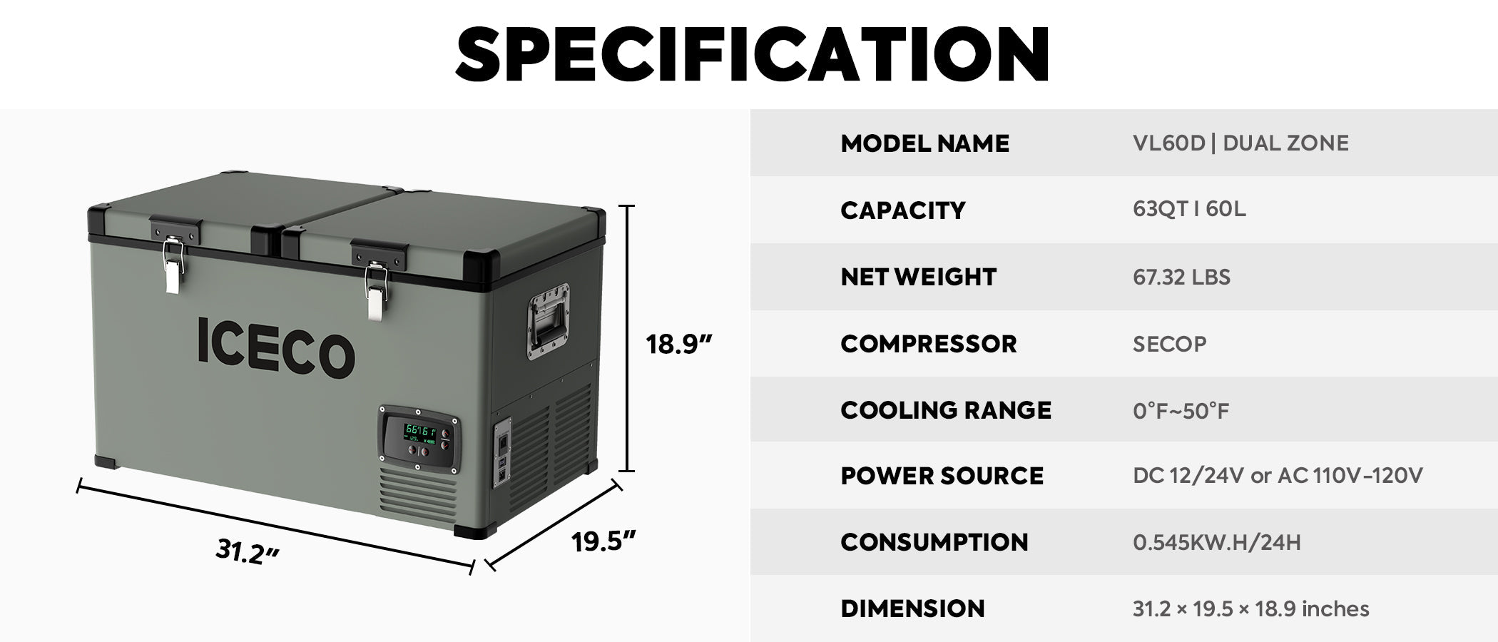 VL60 Dual Zone Metal Fridge Freezer with Cover | ICECO | 60LT VL Series ICECO- Overland Kitted