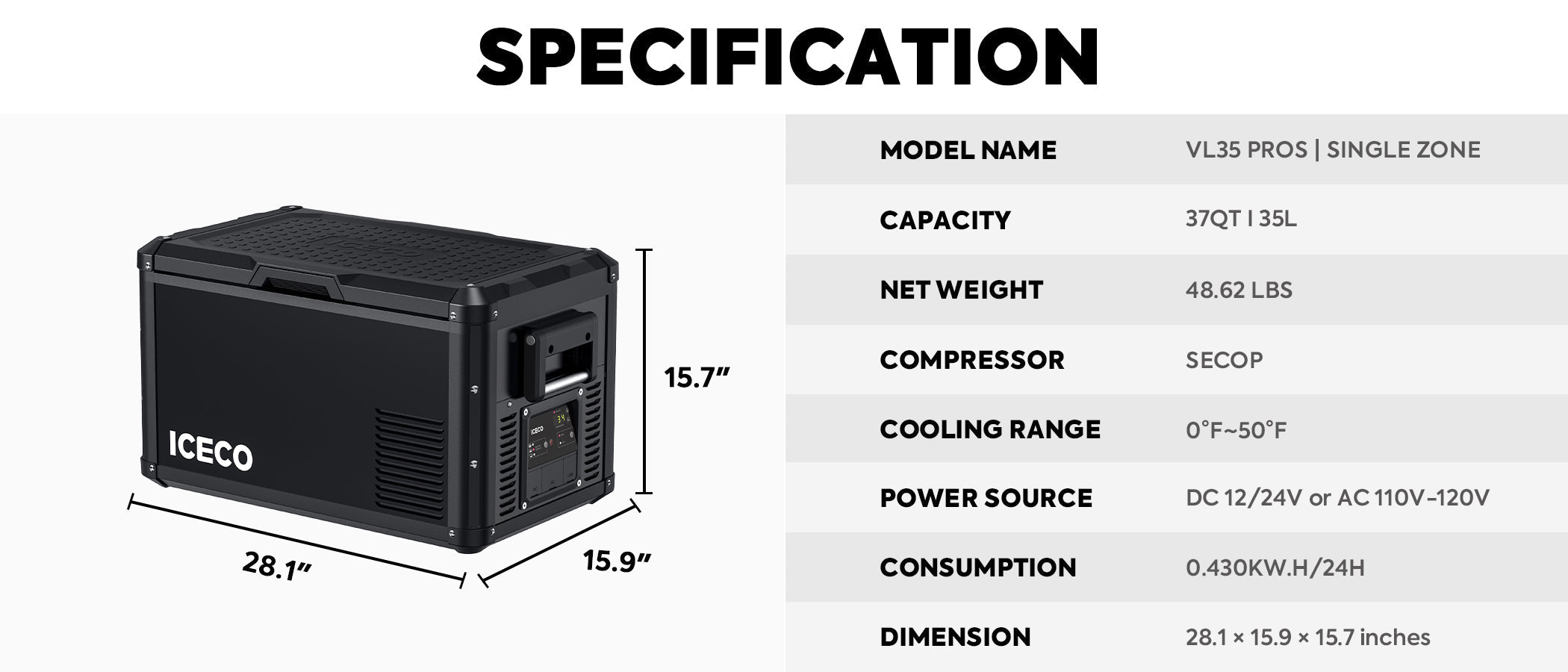 VL35ProS Single Zone Portable Fridge Freezer | ICECO | 35 LT VL Pro Series ICECO- Overland Kitted