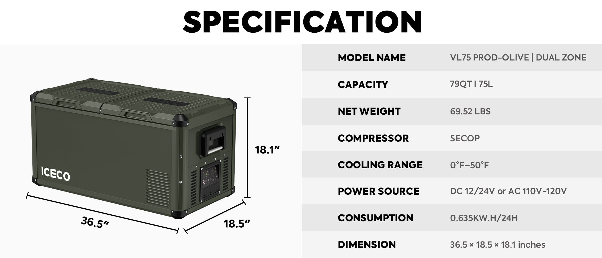 VL75ProD Olive 12V Heavy Duty Fridge Freezer | ICECO | 75 LT VL Pro Series ICECO- Overland Kitted