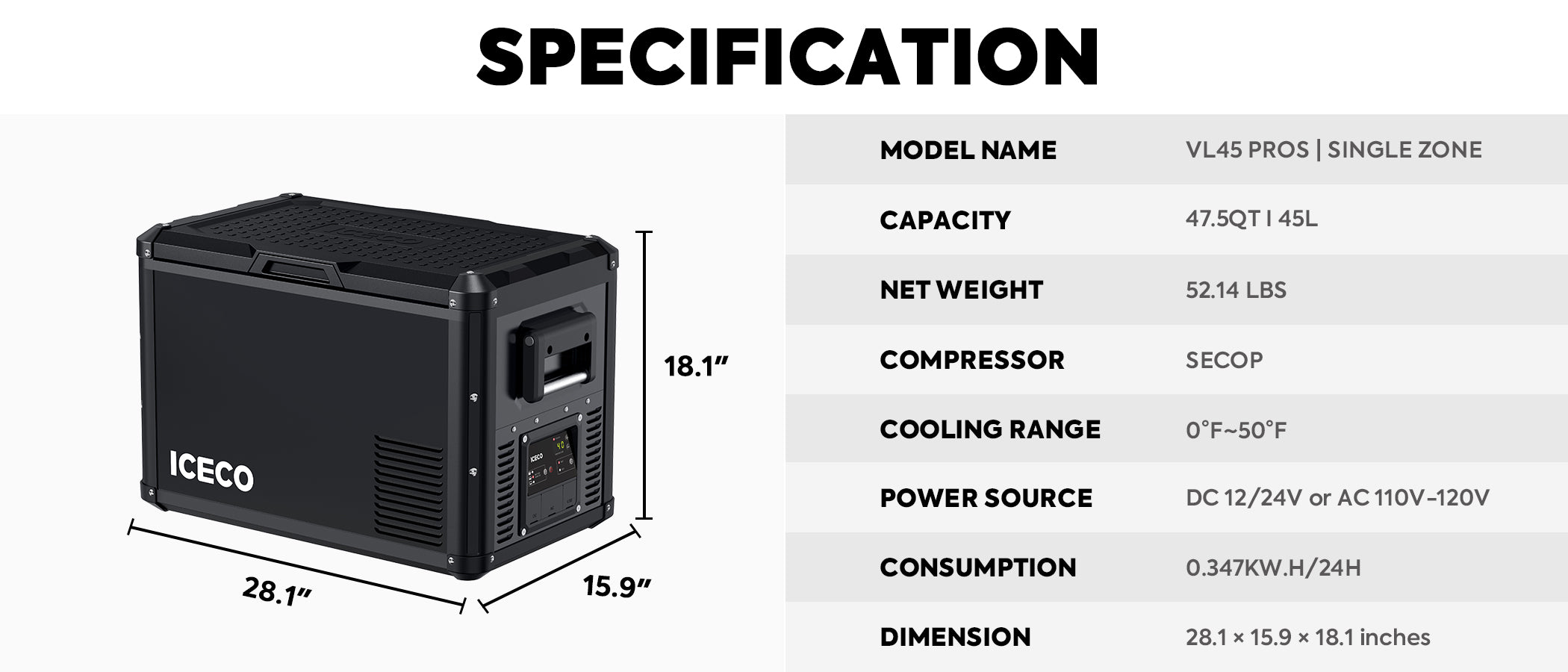 VL45ProS Single Zone Portable Fridge Freezer | ICECO | 45 LT VL Pro Series ICECO- Overland Kitted