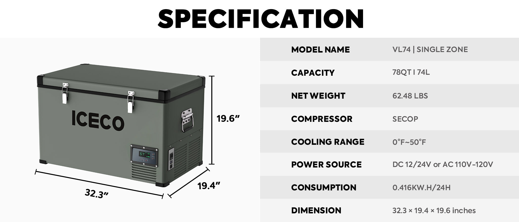 VL74 Single Zone Portable Freezer 12v | ICECO | 74 LT VL Series ICECO- Overland Kitted