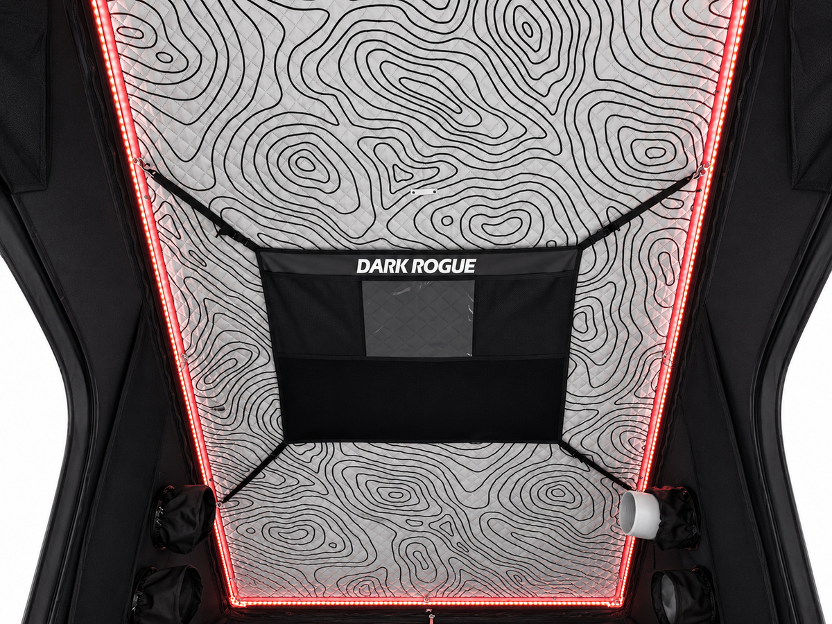 Dark Rogue tent ceiling with a topographic-map print, a storage net labeled Dark Rogue and red LED lighting