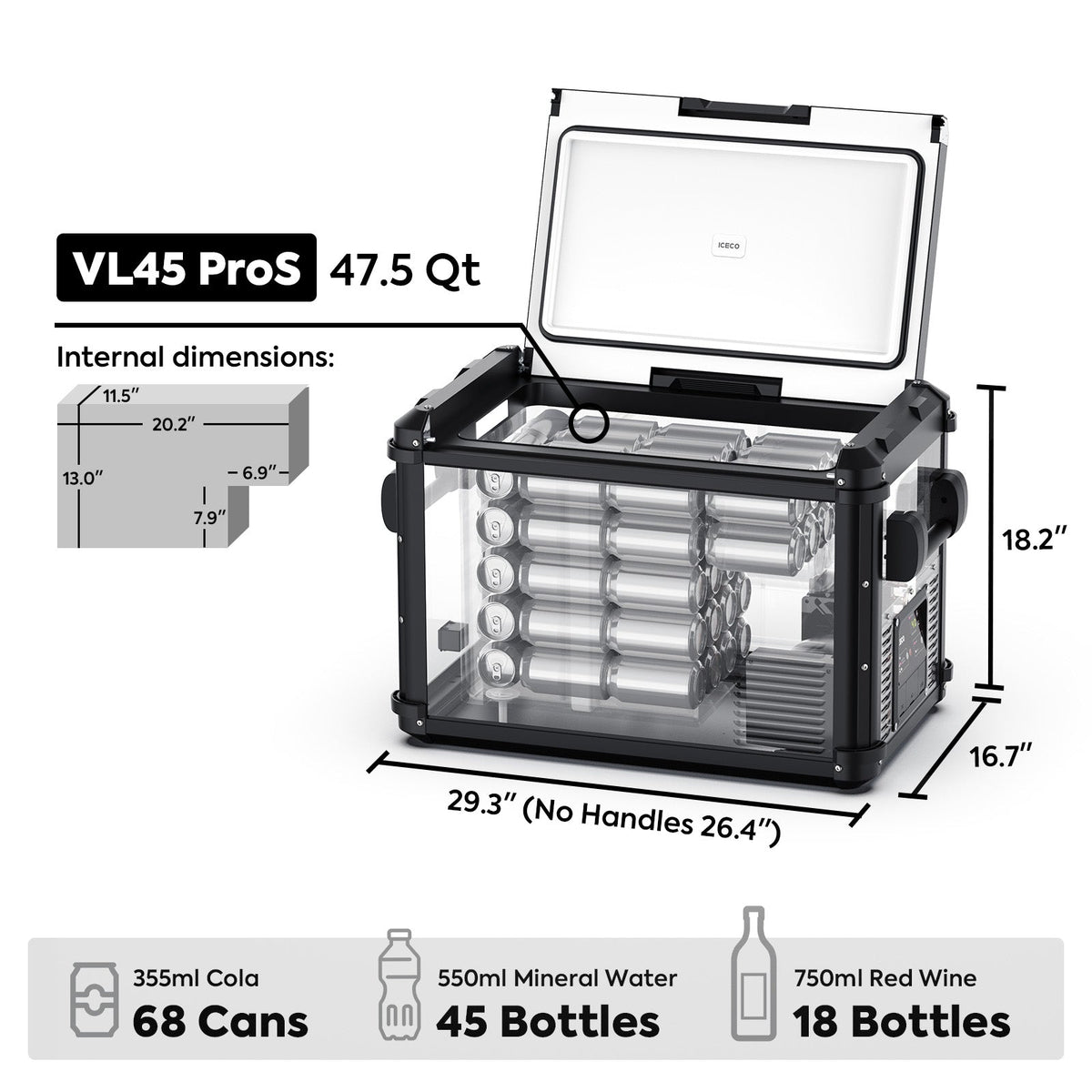 VL45ProS dimensions and capacity graphic showing 47.5 quarts, 68 cans, 45 bottles and 18 wine bottles