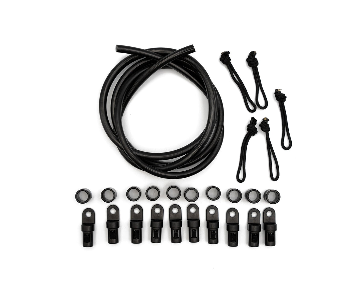48 inch shock cord coil with ten end caps and five paracord pull tabs