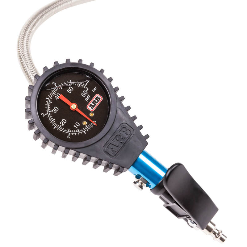 ARB analogue tire inflator showing braided hose and thumb inflate button