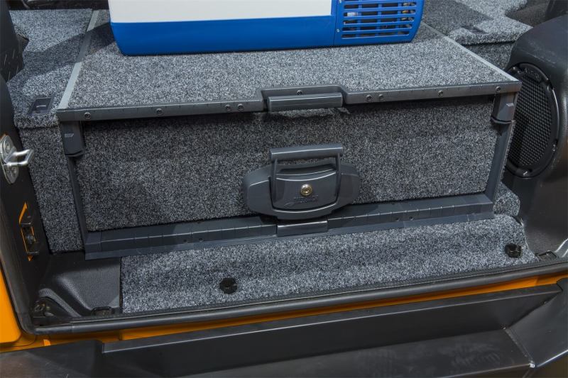 ARB RDRF790 roller drawer open in a JK Unlimited cargo area