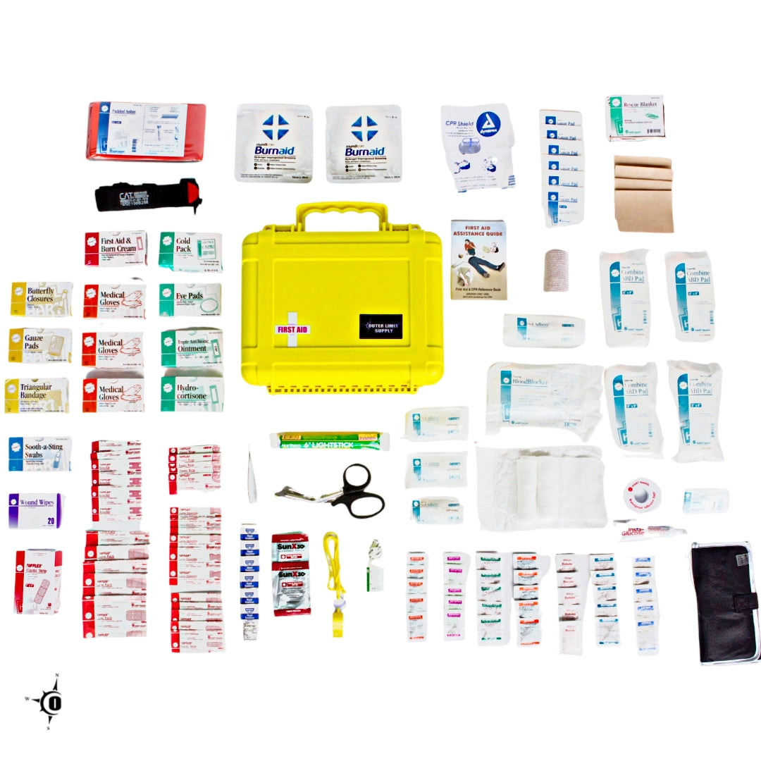 Outer Limit Supply Waterproof 6000 Series first aid kit, organized panels