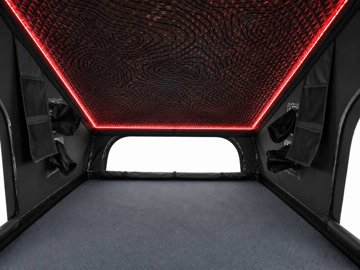 Interior of the Dark Rogue tent with red LED ceiling lighting