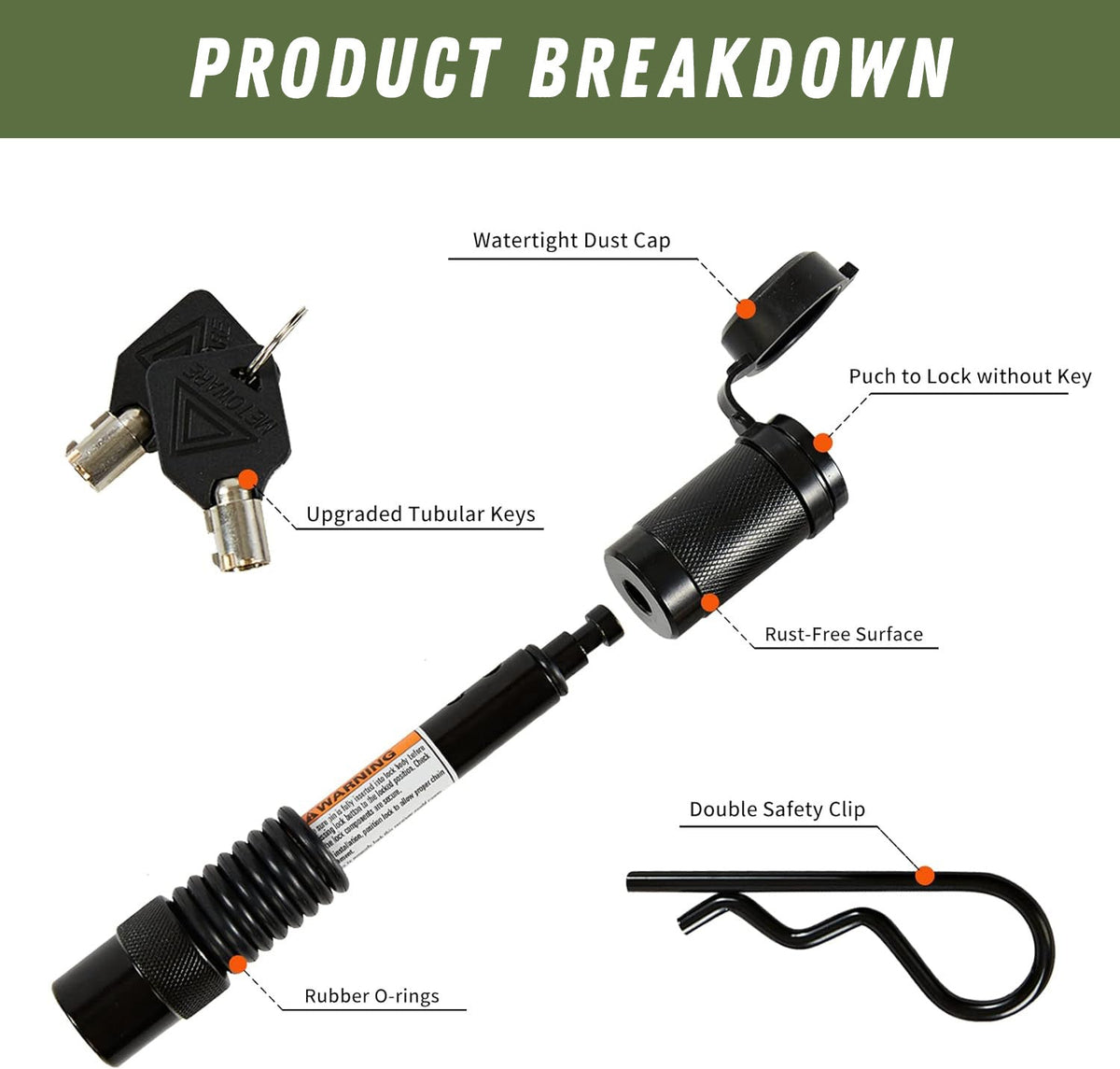 Product breakdown diagram labeling the dust cap, keys, pin, rubber O-rings and safety clip