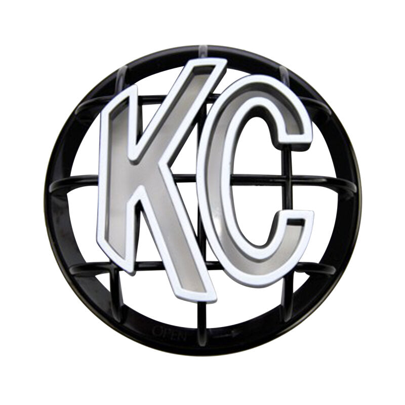 KC HiLiTES 5in Round ABS Stone Guard for Apollo Lights - Black w/White Logo (Single), close-up