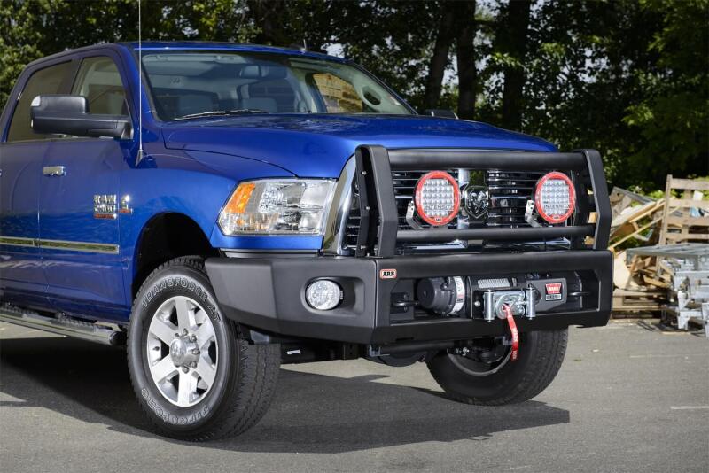 ARB Sahara modular bull bar with center hoop installed on Ram 2500/3500 in matte black Integrit finish