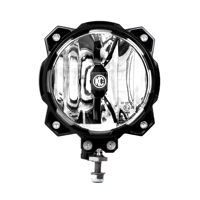 KC HiLiTES Pro6 Gravity LED 6in Single Mount 20W Spot Beam Light, shown with included parts