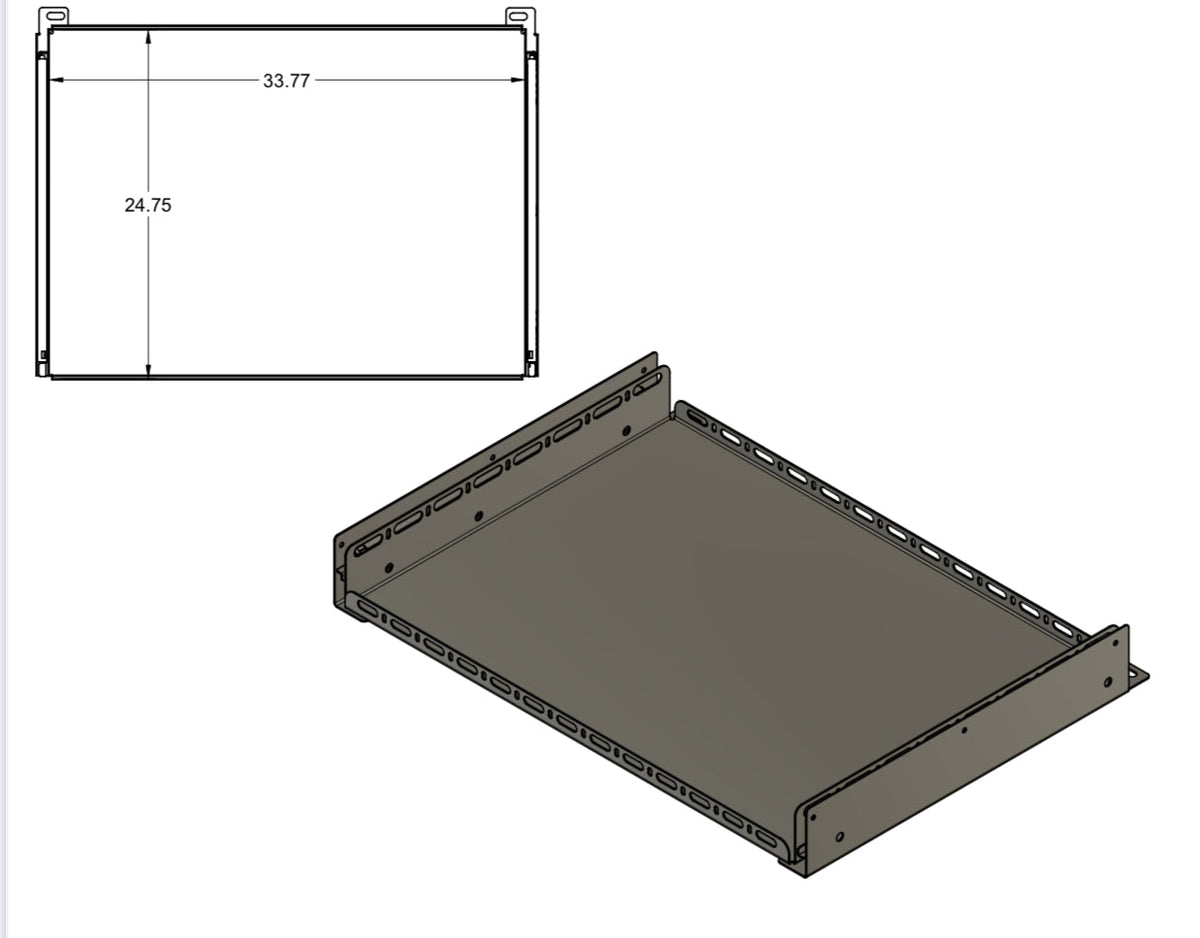 Dimension drawing and rendering of the JLU Slide Floor 2.0 tray