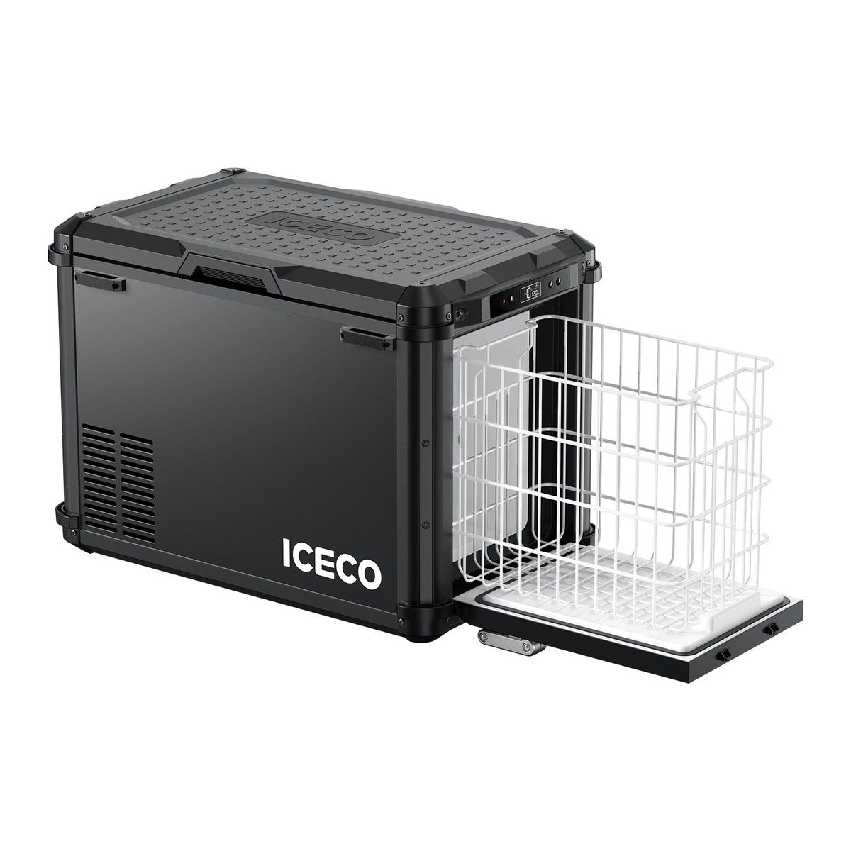 ICECO VL45Plus with the side access drawer pulled out holding a wire basket