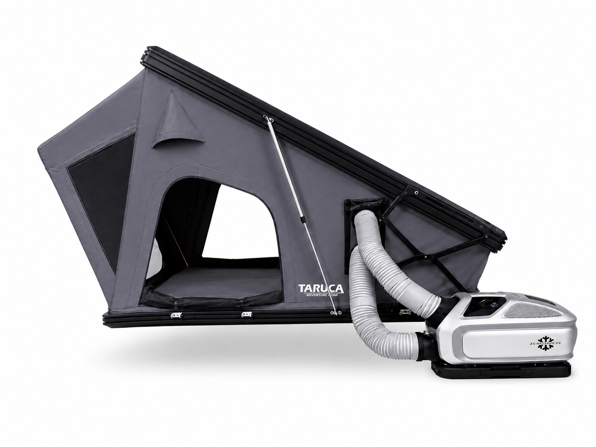 Side view of the Taruca Dark Rogue rooftop tent with a duct running to a portable unit beside it