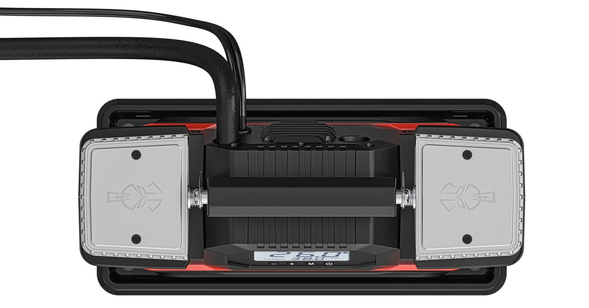 Lightning Strike Pro compressor top-down view showing dual compressor heads, carry handle, and digital display
