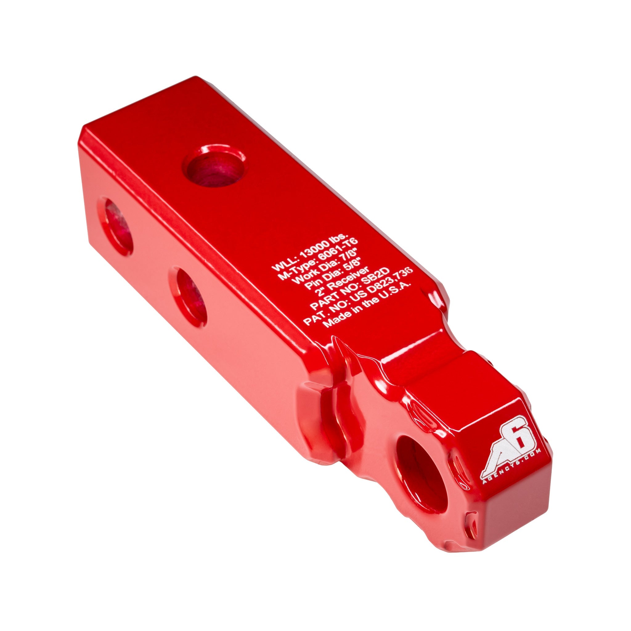 Red Agency 6 hitch shackle block, quarter top view