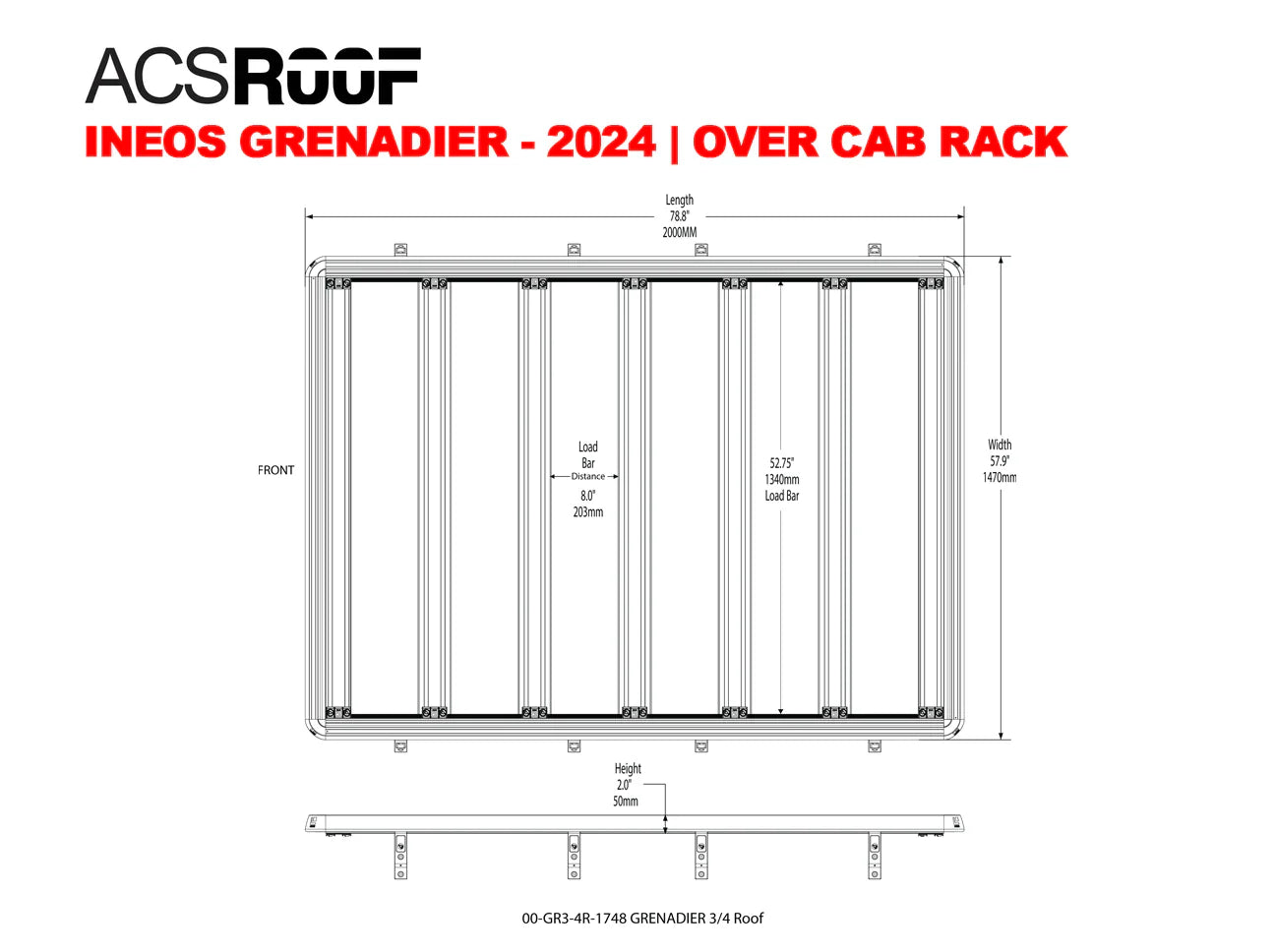 DIAGRAM OF ACS ROOF 3/4 ROOF RACK FOR INEOS GRENADIER WITH MEASUREMENTS 