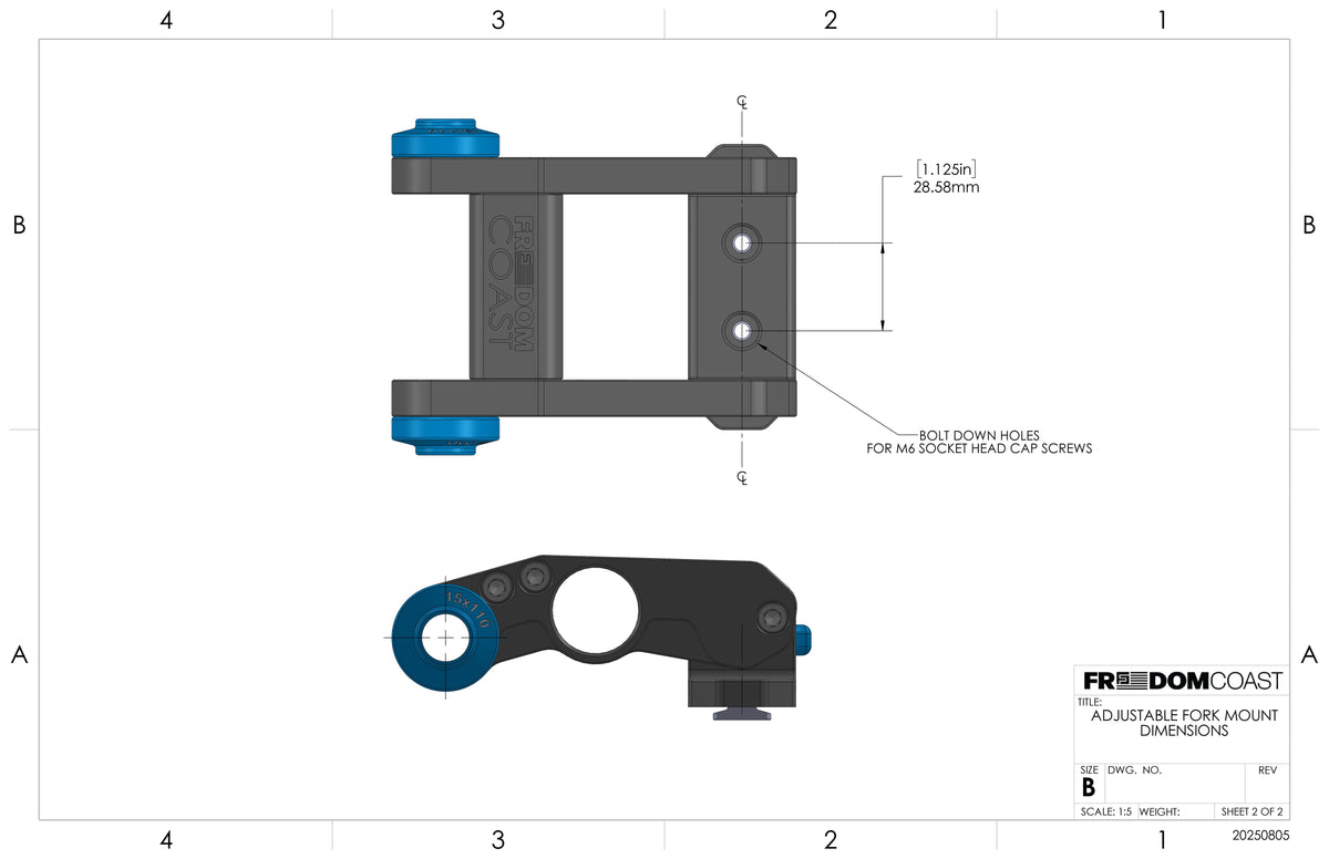 Adjustable fork mount top and side drawing with M6 bolt-down hole spacing