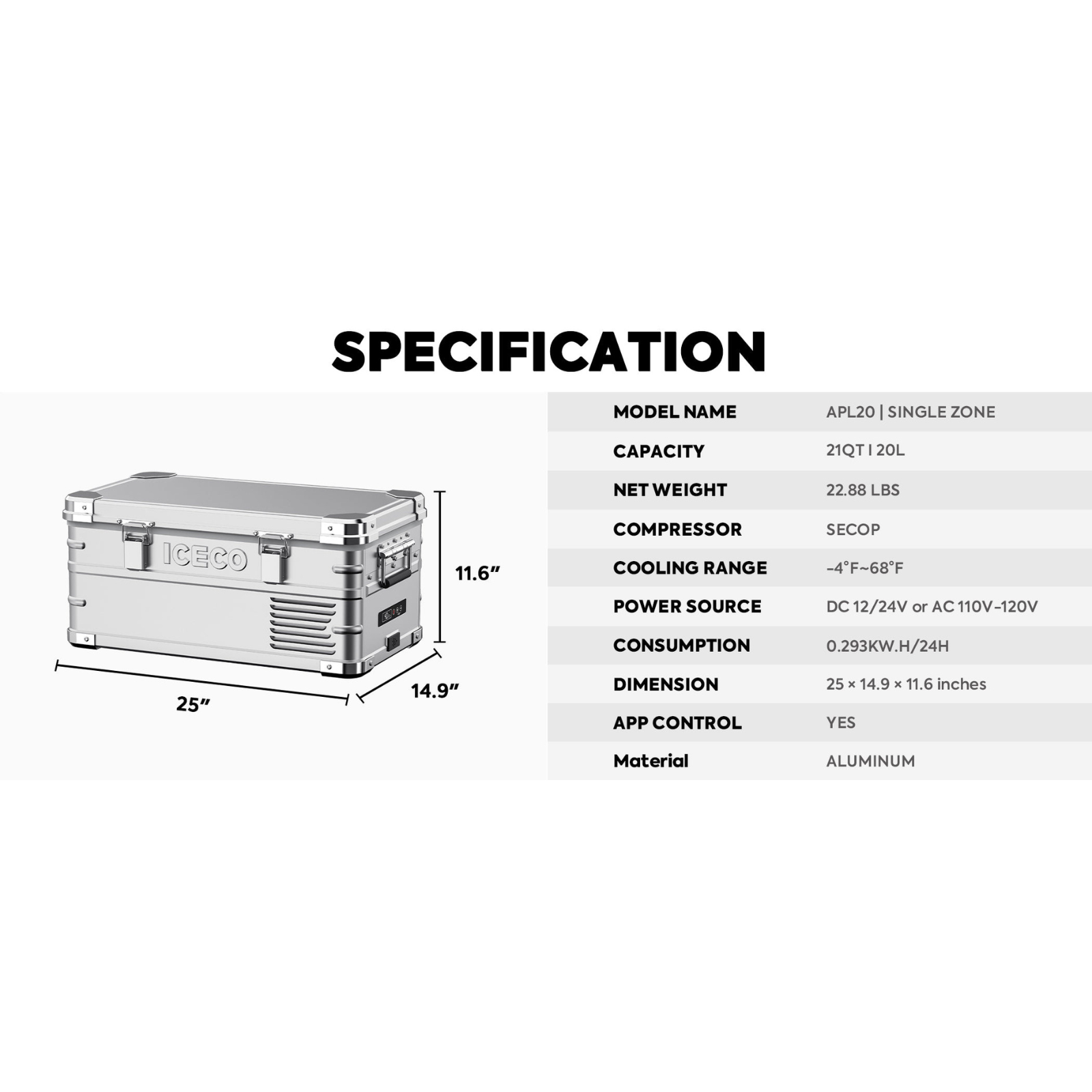 APL20 Light Duty Aluminum Freezer Single Zone | ICECO | 20 LT APL Series ICECO- Overland Kitted