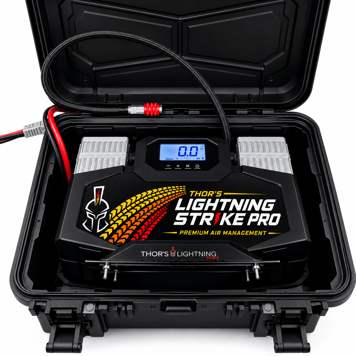 AirVault StrikePro compressor system with Heritage faceplate, shown inside its open lockable hard case, white background