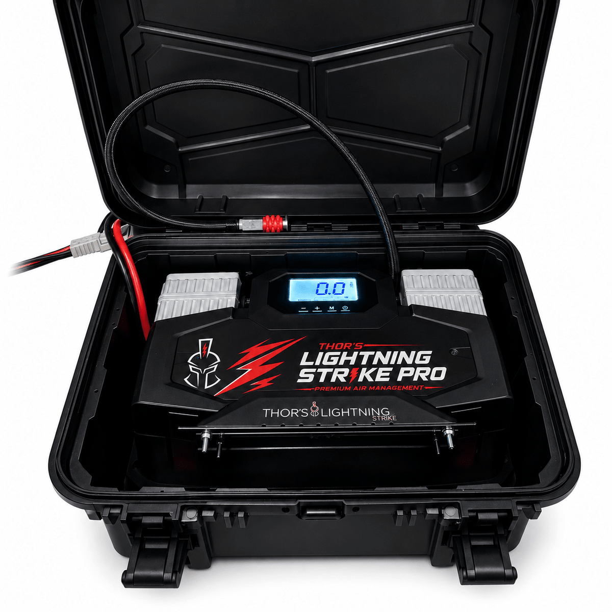AirVault StrikePro compressor system with Standard faceplate, shown inside its open lockable hard case, white background