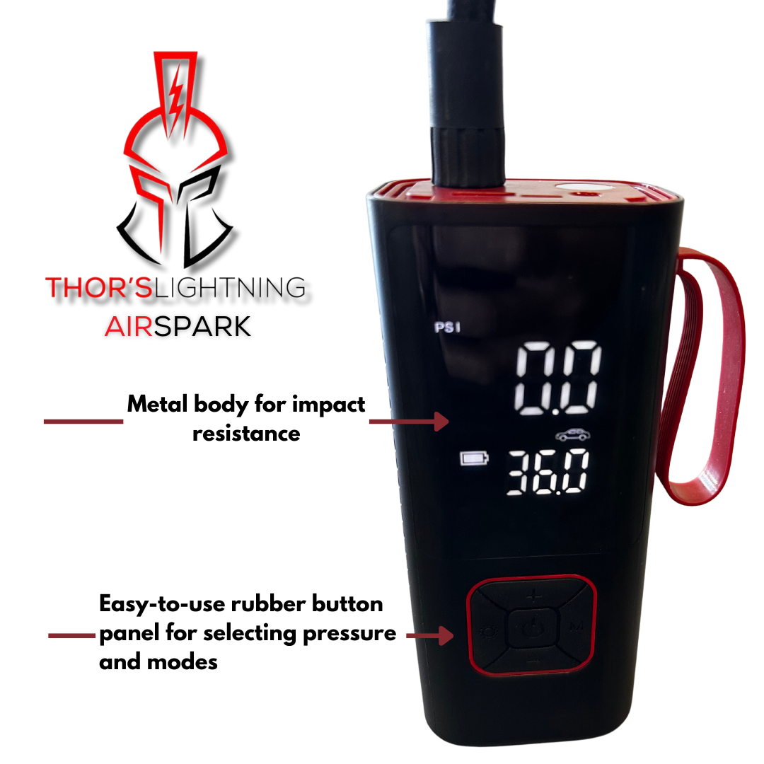 AirSpark compressor feature graphic highlighting the metal body for impact resistance and rubber button panel
