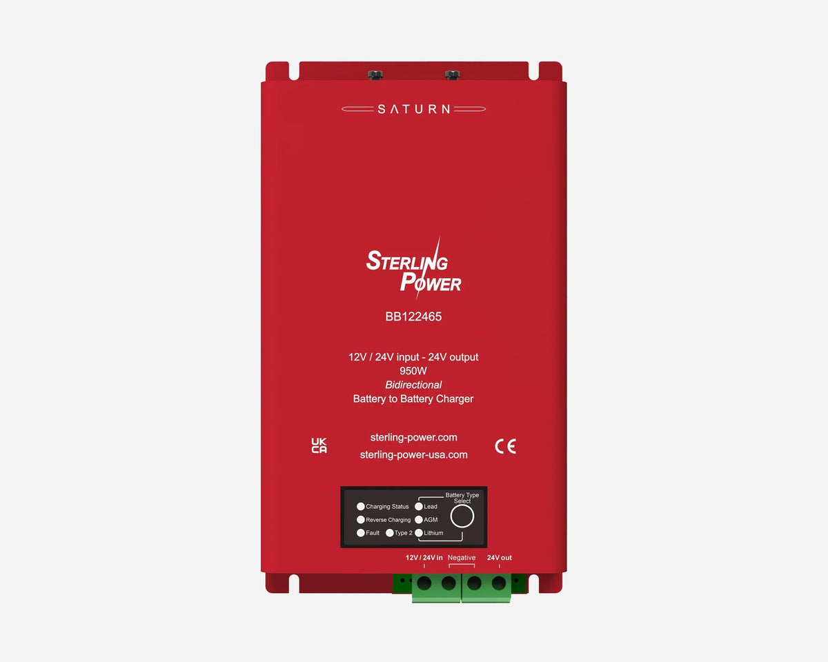 Red Sterling Power Saturn BB122465 battery-to-battery charger, front view with indicator LEDs and terminal connectors