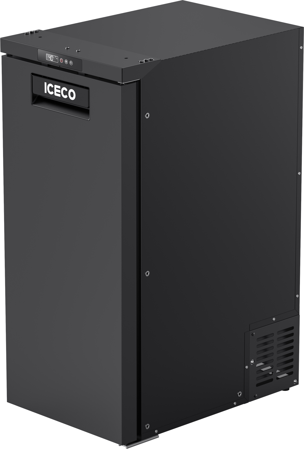 ICECO BF86 upright RV/truck refrigerator freezer in black, front three-quarter view with the door closed