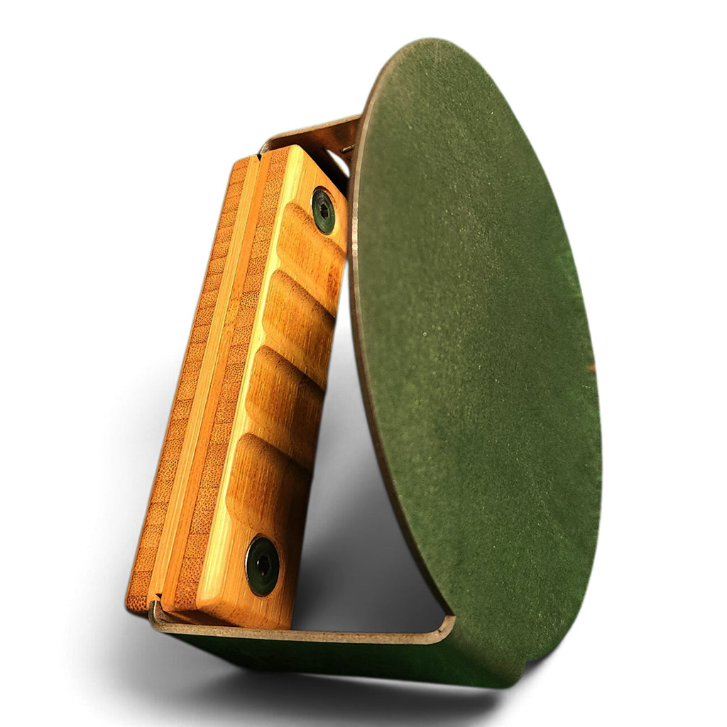Close-up of the TemboTusk Burger Smasher 5000 bamboo handle and Skottle emblem