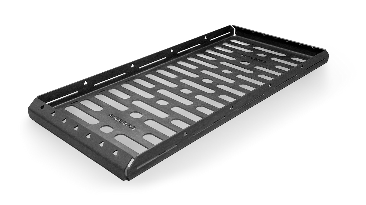 Black aluminum Roof Rack Storage Basket, angled studio product shot, empty