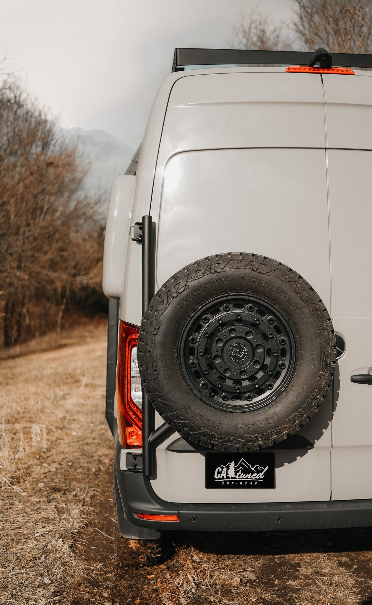 Rear of a white van with a spare tire on the carrier